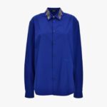 Informal Shirt In Poly Cotton Poplin Fabric-Leaf Embroidery Collar-Versace Emb. - Cobalt