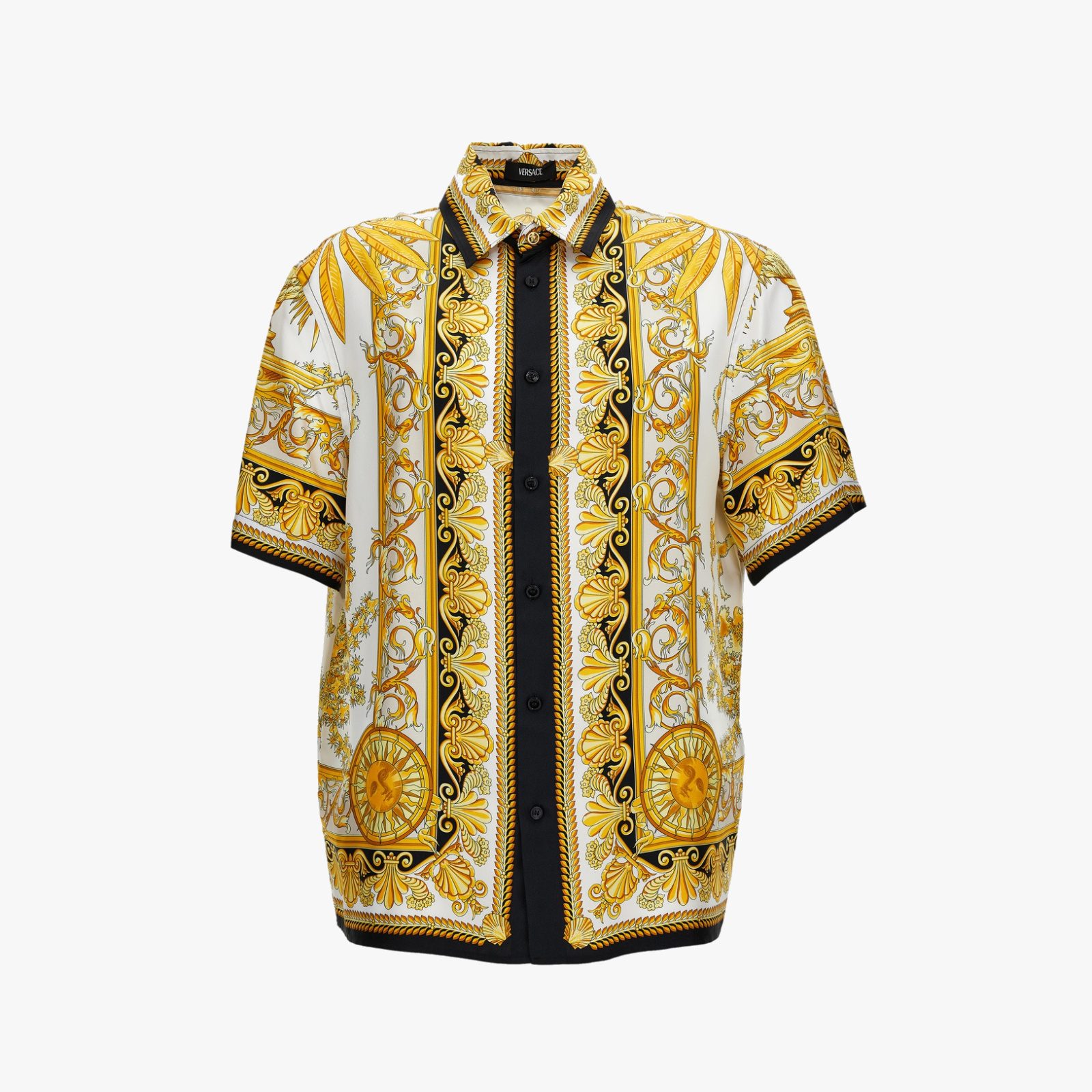 Informal Shirt In Barocco Palm Print Silk Fabric - Black-White-Gold Informal Shirt In Barocco Palm Print Silk Fabric - Black-White-Gold