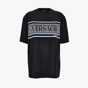 T-Shirt In Jersey Fabric-Stripe Versace Print - Black-White-Powder Blue