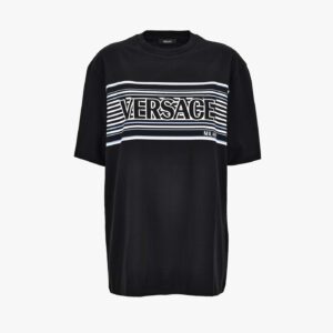 T-Shirt In Jersey Fabric-Stripe Versace Print - Black-White-Powder Blue