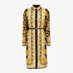 Dress In Twill Poly Barocco Palm Print - Black-White-Gold