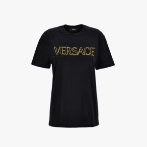 T-Shirt In Jersey Fabric-Versace Outline Embroidery - Black-Gold