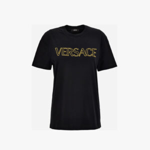 T-Shirt In Jersey Fabric-Versace Outline Embroidery - Black-Gold