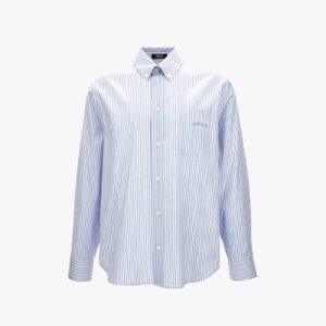 Informal Shirt In Striped Poplin-Carre' Silk Chain Print And Versace Embroidery - Pastel Blue-Gold