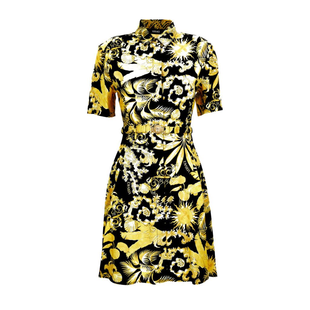 Dress In Viscose Baroque Palm Allover Print - Black-Gold