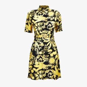 Dress In Viscose Baroque Palm Allover Print - Black-Gold