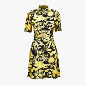 Dress In Viscose Baroque Palm Allover Print - Black-Gold