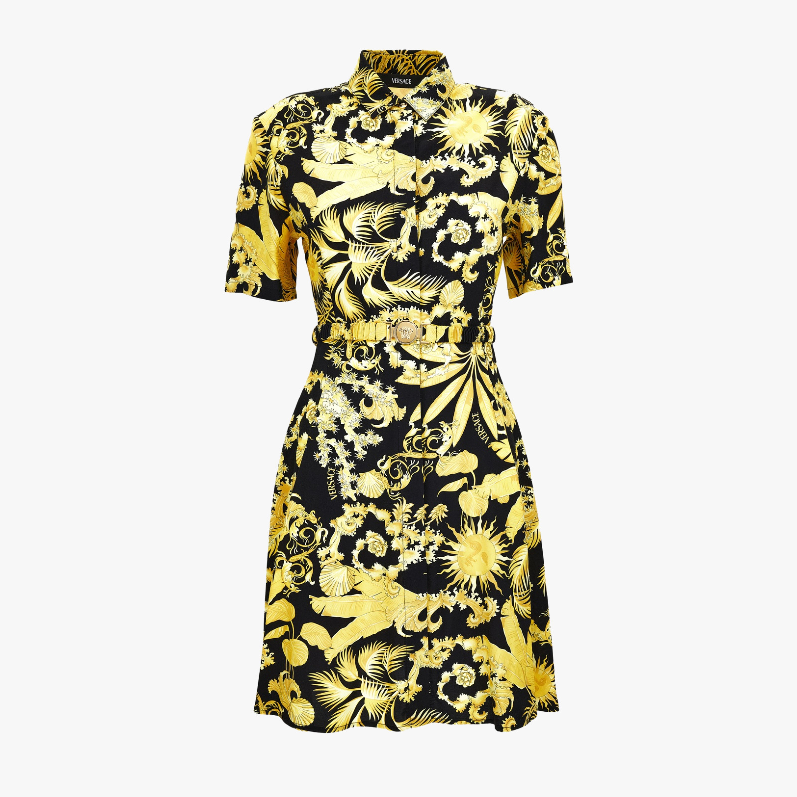 Dress In Viscose Baroque Palm Allover Print - Black-Gold Dress In Viscose Baroque Palm Allover Print - Black-Gold