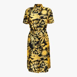 Dress In Twill Poly Baroque Palm Allover Print - Black-Gold