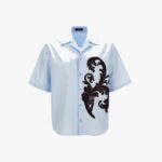 Informal Shirt In Cotton Poplin Fabric-Baroque Embroidery Leaf - Blue