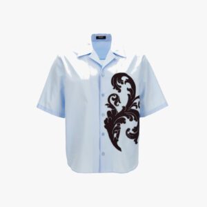 Informal Shirt In Cotton Poplin Fabric-Baroque Embroidery Leaf - Blue