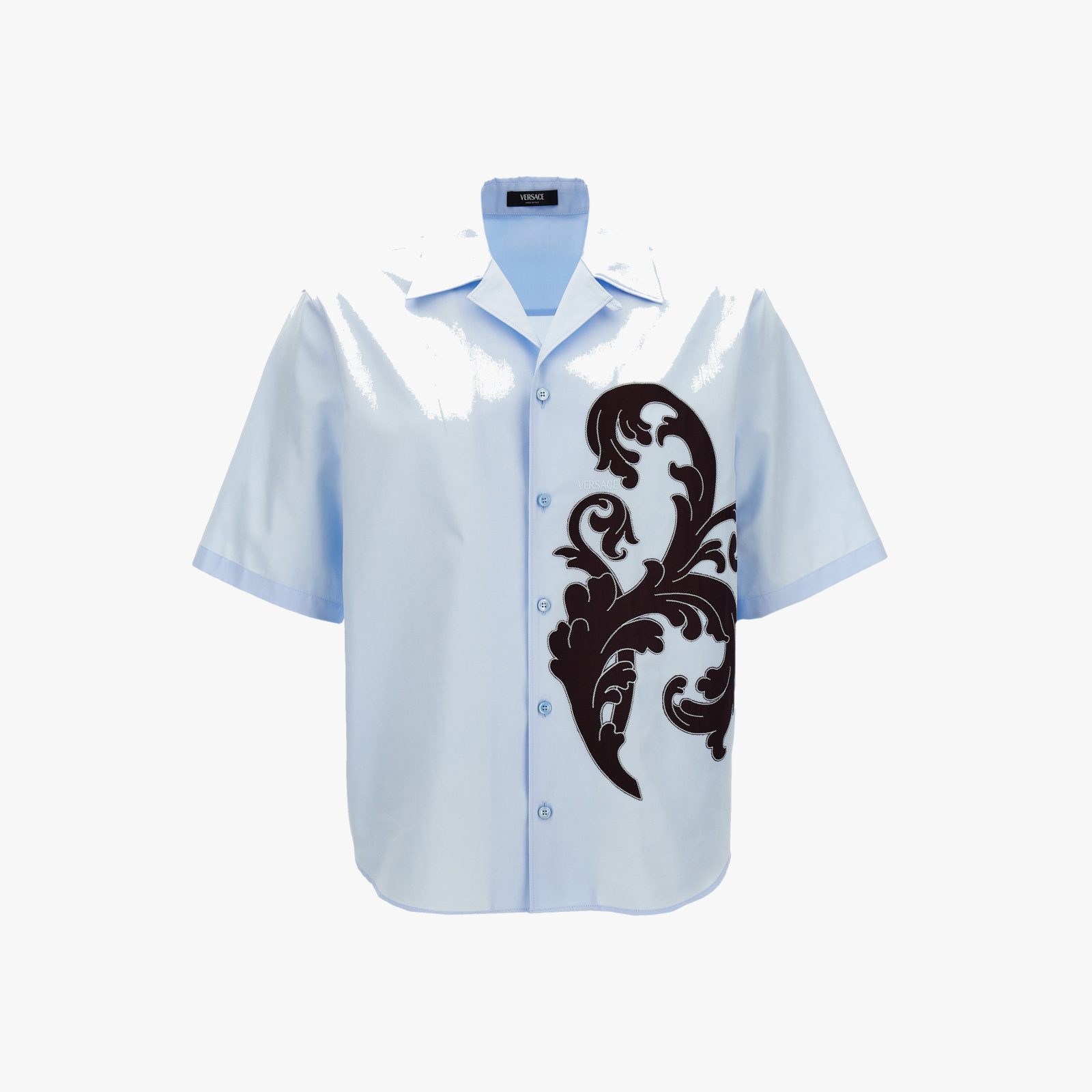 Informal Shirt In Cotton Poplin Fabric-Baroque Embroidery Leaf - Blue Informal Shirt In Cotton Poplin Fabric-Baroque Embroidery Leaf - Blue