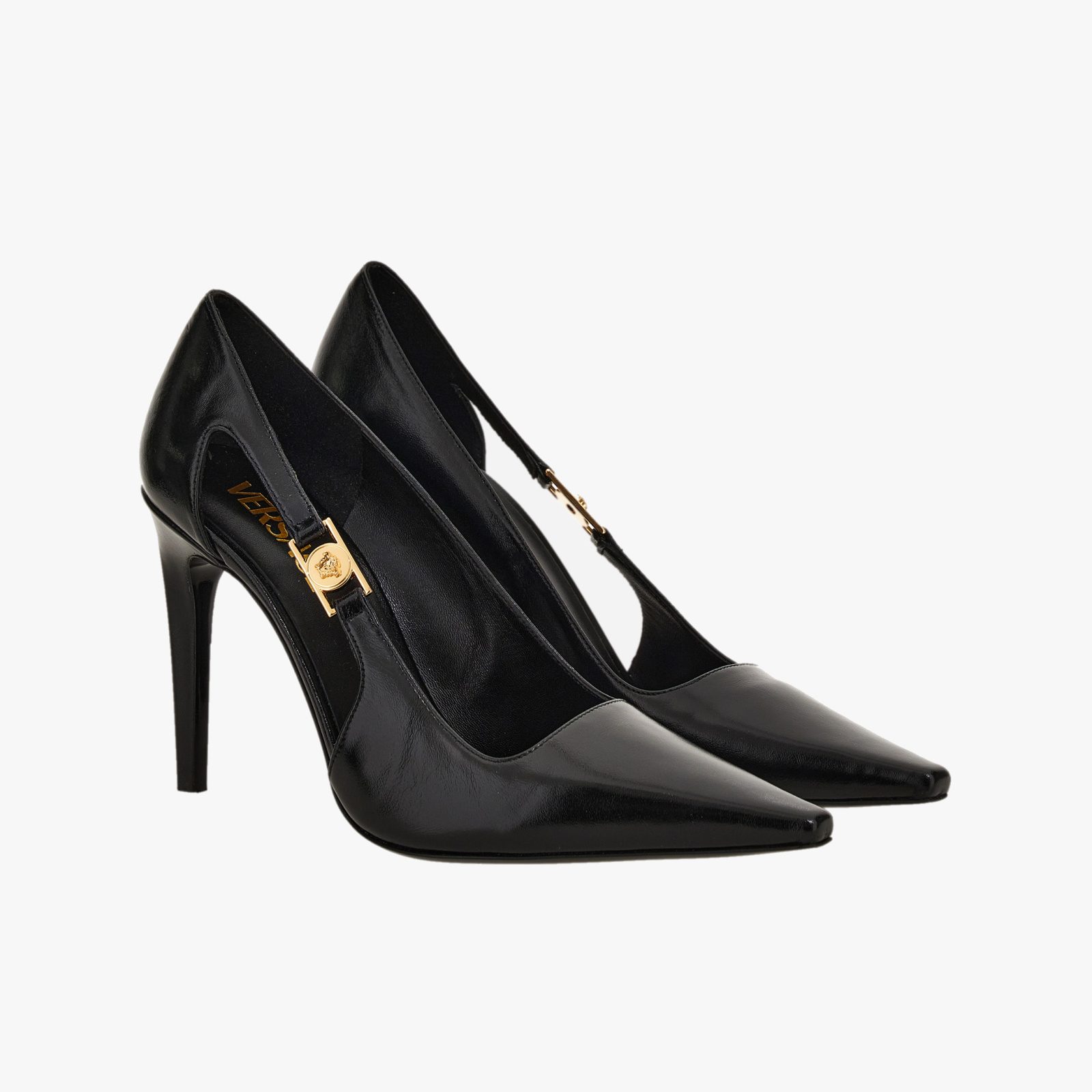 Pump In Shiny Calf Leather-Metal Hardware - Black-Versace Gold Pump In Shiny Calf Leather-Metal Hardware - Black-Versace Gold