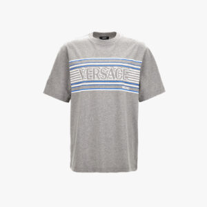 T-Shirt In Jersey Fabric-Stripe Versace Print - Grey-White-Ocean Blue