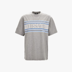 T-Shirt In Jersey Fabric-Stripe Versace Print - Grey-White-Ocean Blue