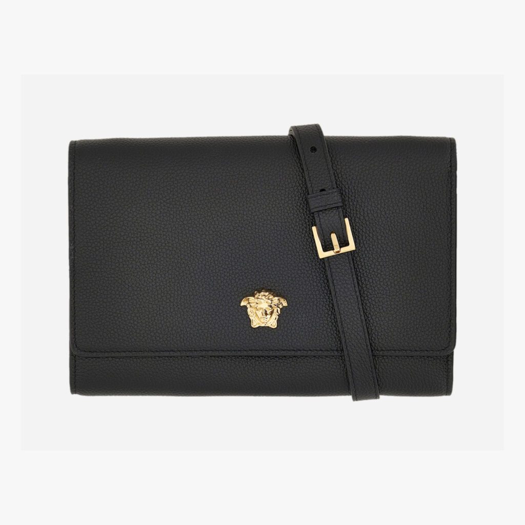 Wallet On Strap In Grainy Calf Leather - Black-Versace Gold