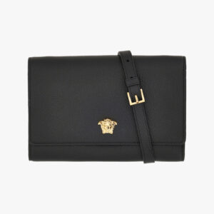 Wallet On Strap In Grainy Calf Leather - Black-Versace Gold