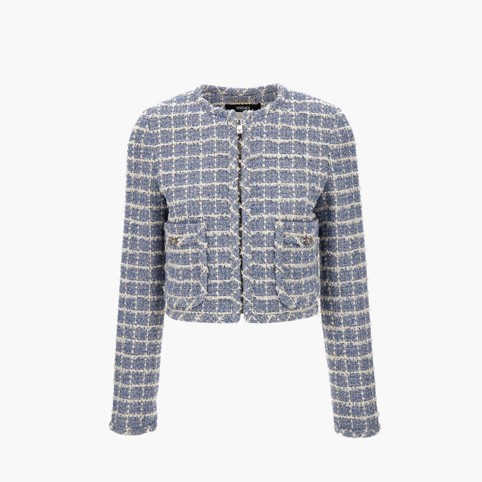 Informal Jacket In Cotton Mix Windowpane Tweed Boucle - Light Indigo Informal Jacket In Cotton Mix Windowpane Tweed Boucle - Light Indigo