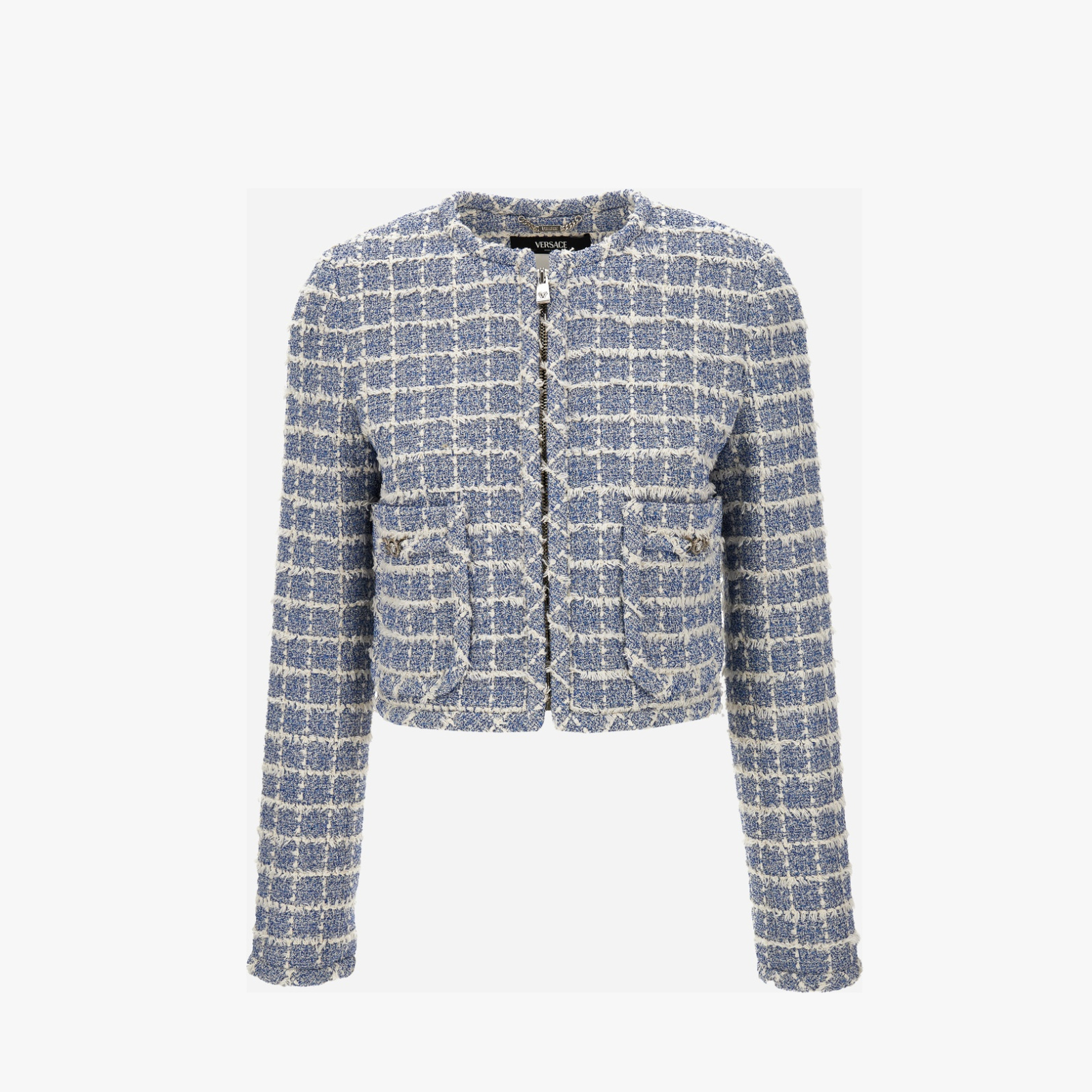 Informal Jacket In Cotton Mix Windowpane Tweed Boucle - Light Indigo Informal Jacket In Cotton Mix Windowpane Tweed Boucle - Light Indigo