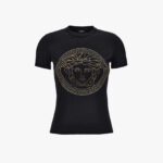 T-Shirt In Cotton Jersey Fabric With Medusa Rhinestone Embroidery-Studs - Black-Gold