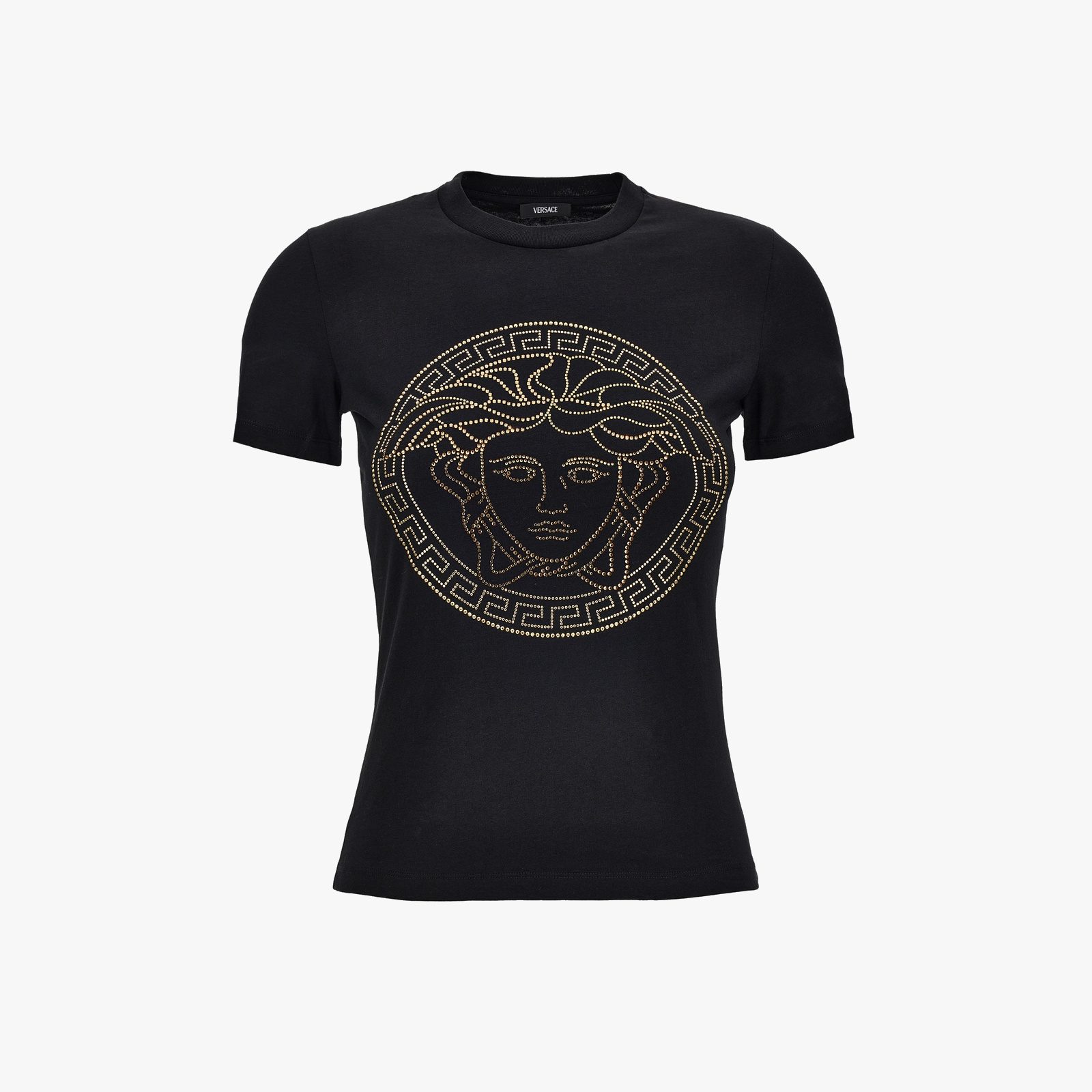 T-Shirt In Cotton Jersey Fabric With Medusa Rhinestone Embroidery-Studs - Black-Gold T-Shirt In Cotton Jersey Fabric With Medusa Rhinestone Embroidery-Studs - Black-Gold