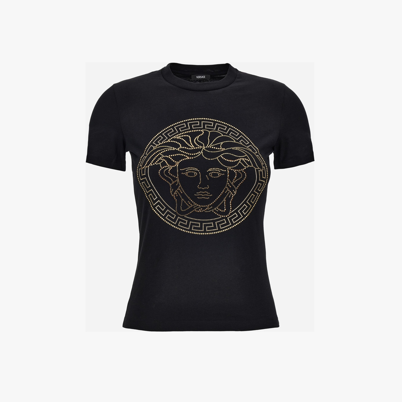 T-Shirt In Cotton Jersey Fabric With Medusa Rhinestone Embroidery-Studs - Black-Gold T-Shirt In Cotton Jersey Fabric With Medusa Rhinestone Embroidery-Studs - Black-Gold