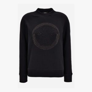 Sweatshirt In Sweatshirt Fabric With Medusa Rhinestone Embroidery-Greca Studs - Black-Black