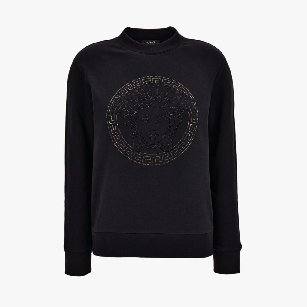 Sweatshirt In Sweatshirt Fabric With Medusa Rhinestone Embroidery-Greca Studs - Black-Black