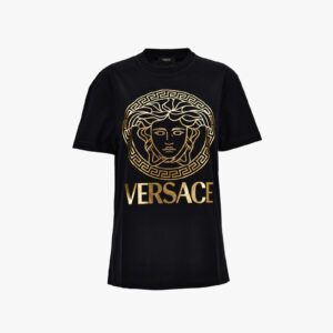 T-Shirt In Jersey-Versace And Greek Medusa Print - Black-Gold