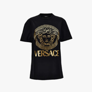 T-Shirt In Jersey-Versace And Greek Medusa Print - Black-Gold