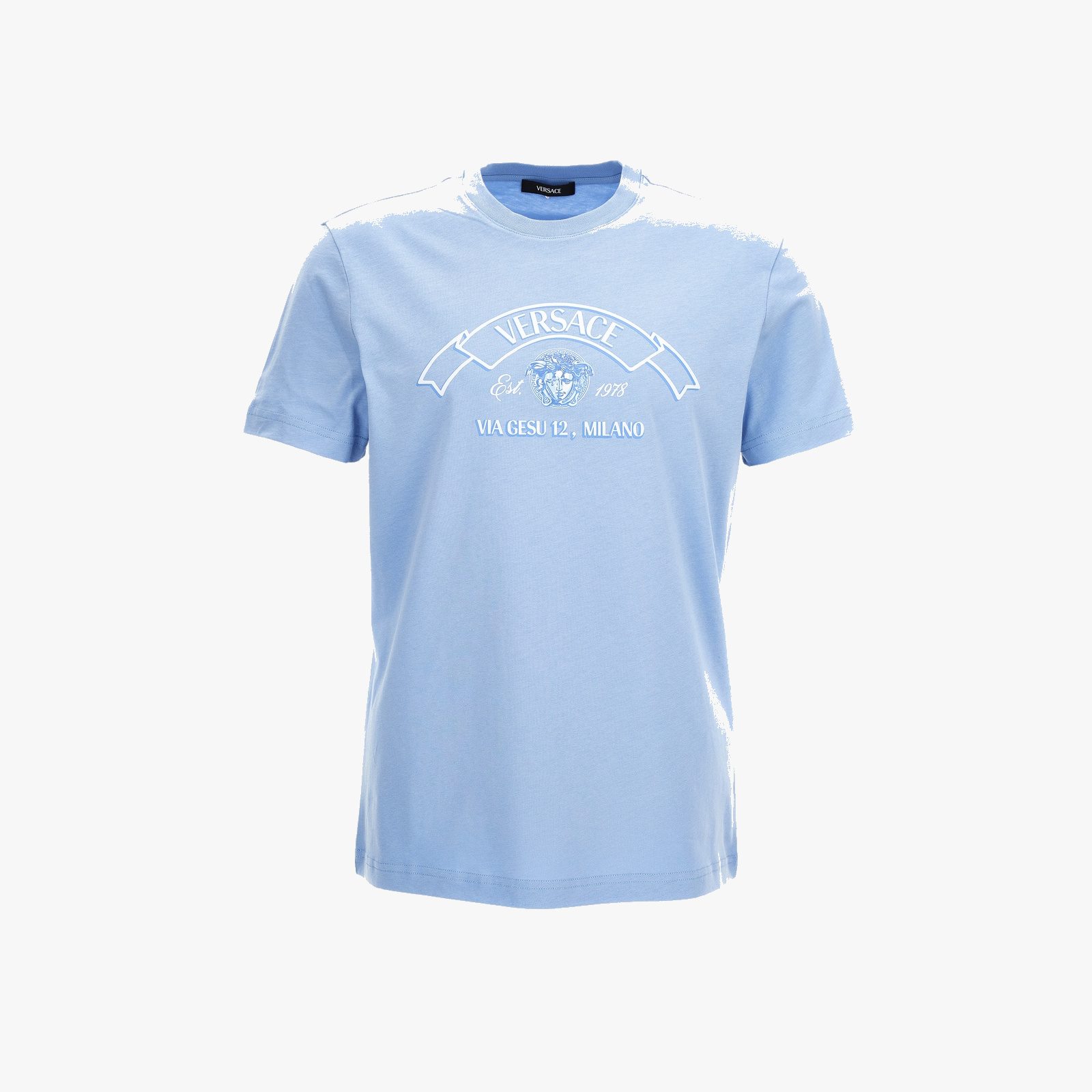 T-Shirt In Jersey Fabric-Versace Via Gesu‘ Embroidery T-Shirt In Jersey Fabric-Versace Via Gesu‘ Embroidery