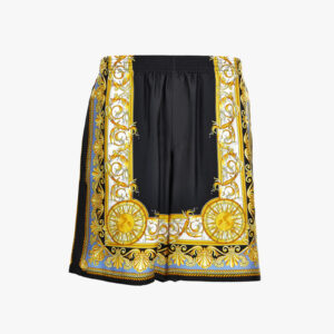 In Barocco Palm Print Silk Fabric - Black-Stone Blue-Gold