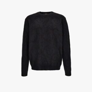 Knit Sweater In Barocco Leafy Jacquard Wool Blend - Black