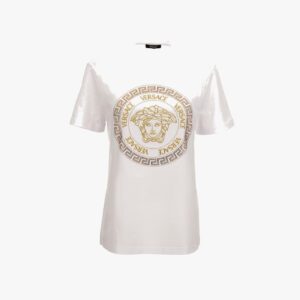 T-Shirt In Cotton Jersey-Medusa Versace Greca Thread Embroidery - White-Gold