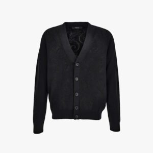 Knit Sweater In Barocco Leafy Jacquard Wool Blend - Black