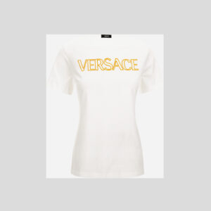 T-Shirt In Cotton Jersey Fabric With Versace Outline Embroidery - White-Gold