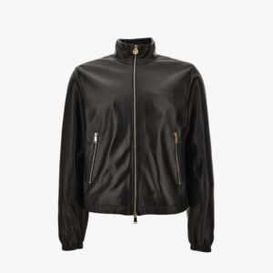 Blouson Leather In Shiny Plonge' Leather - Versace Logo - Black