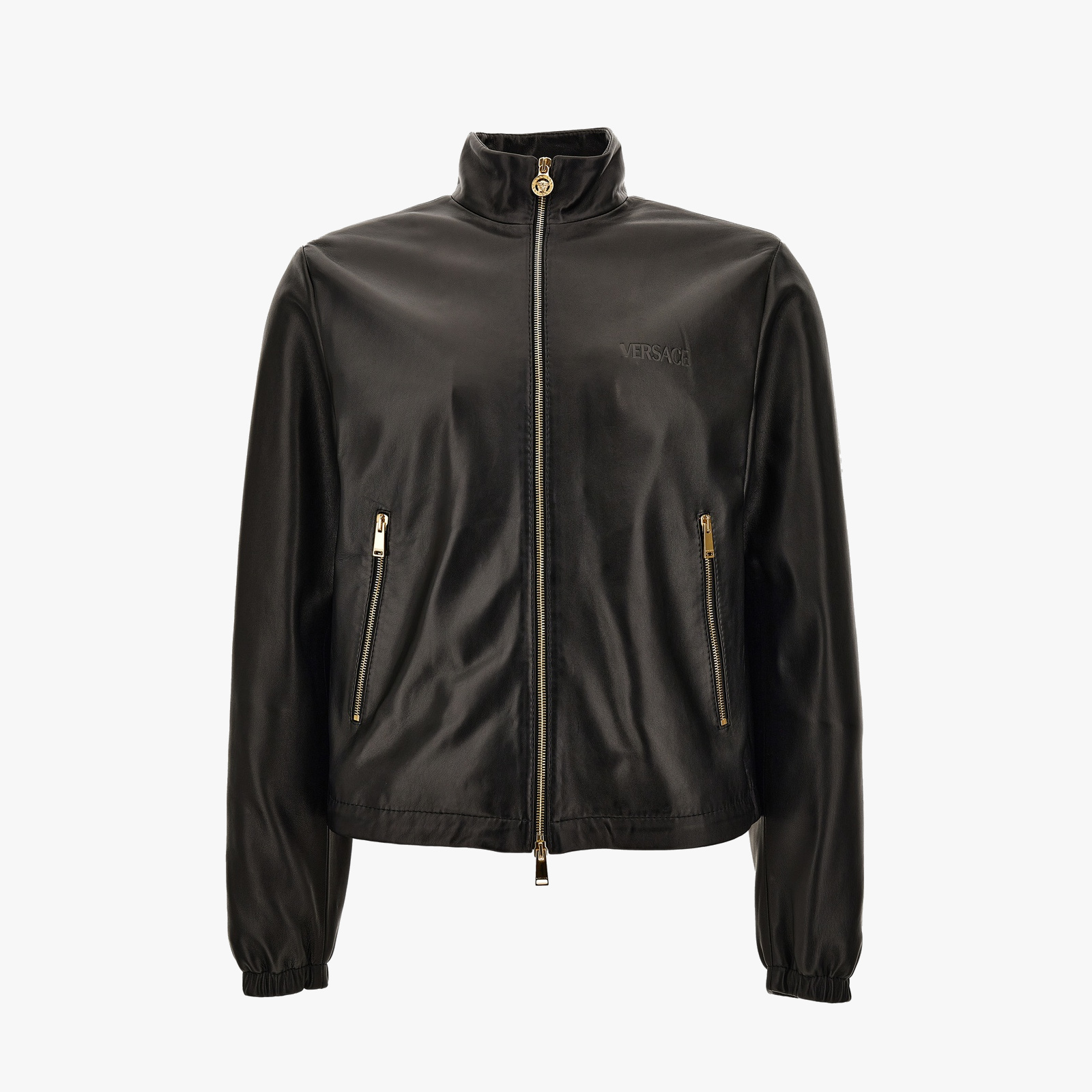 Blouson Leather In Shiny Plonge' Leather - Versace Logo - Black Blouson Leather In Shiny Plonge' Leather - Versace Logo - Black