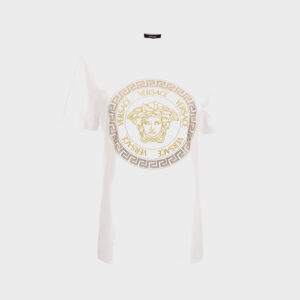 T-Shirt In Cotton Jersey-Medusa Versace Greca Thread Embroidery - White-Gold