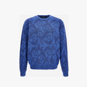 Knit Sweater In Barocco Leafy Jacquard Wool Blend - Blue