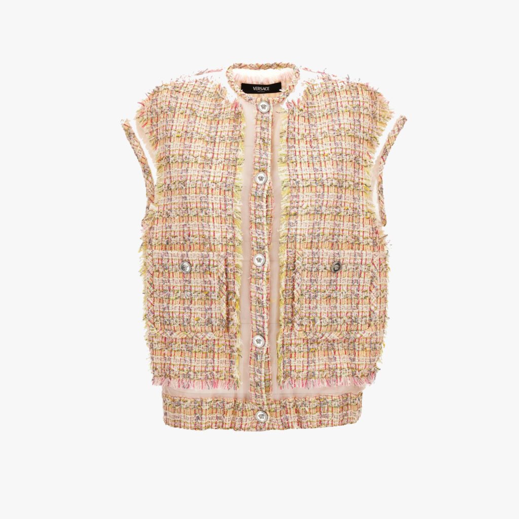 Informal Jacket In Cotton Mix Fancy Tweed - Pastel Pink-White