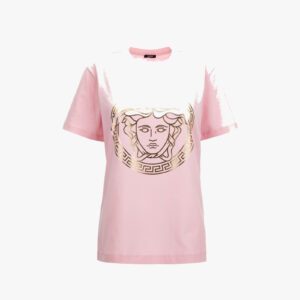 T-Shirt In Jersey Fabric With Medusa Lamina Print - Pastel Pink-Gold