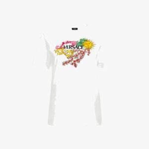 T-Shirt In Jersey With Versace Palm Print - White-Multicolor