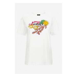T-Shirt In Jersey With Versace Palm Print - White-Multicolor
