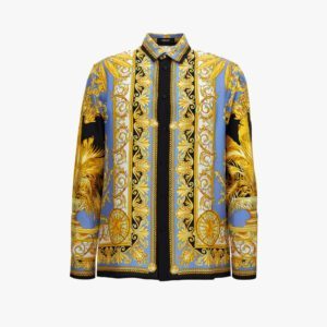 Informal Shirt In Barocco Palm Print Silk Fabric - Black-Stone Blue-Gold