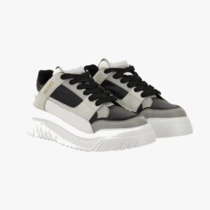 Sneaker In Calf Leather-Fabric - White-Black-Light Pearl Grey