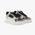 Sneaker In Calf Leather-Fabric - White-Black-Light Pearl Grey