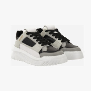 Sneaker In Calf Leather-Fabric - White-Black-Light Pearl Grey