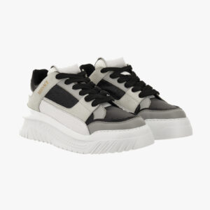 Sneaker In Calf Leather-Fabric - White-Black-Light Pearl Grey