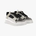 Sneaker In Calf Leather-Fabric - White-Black-Light Pearl Grey